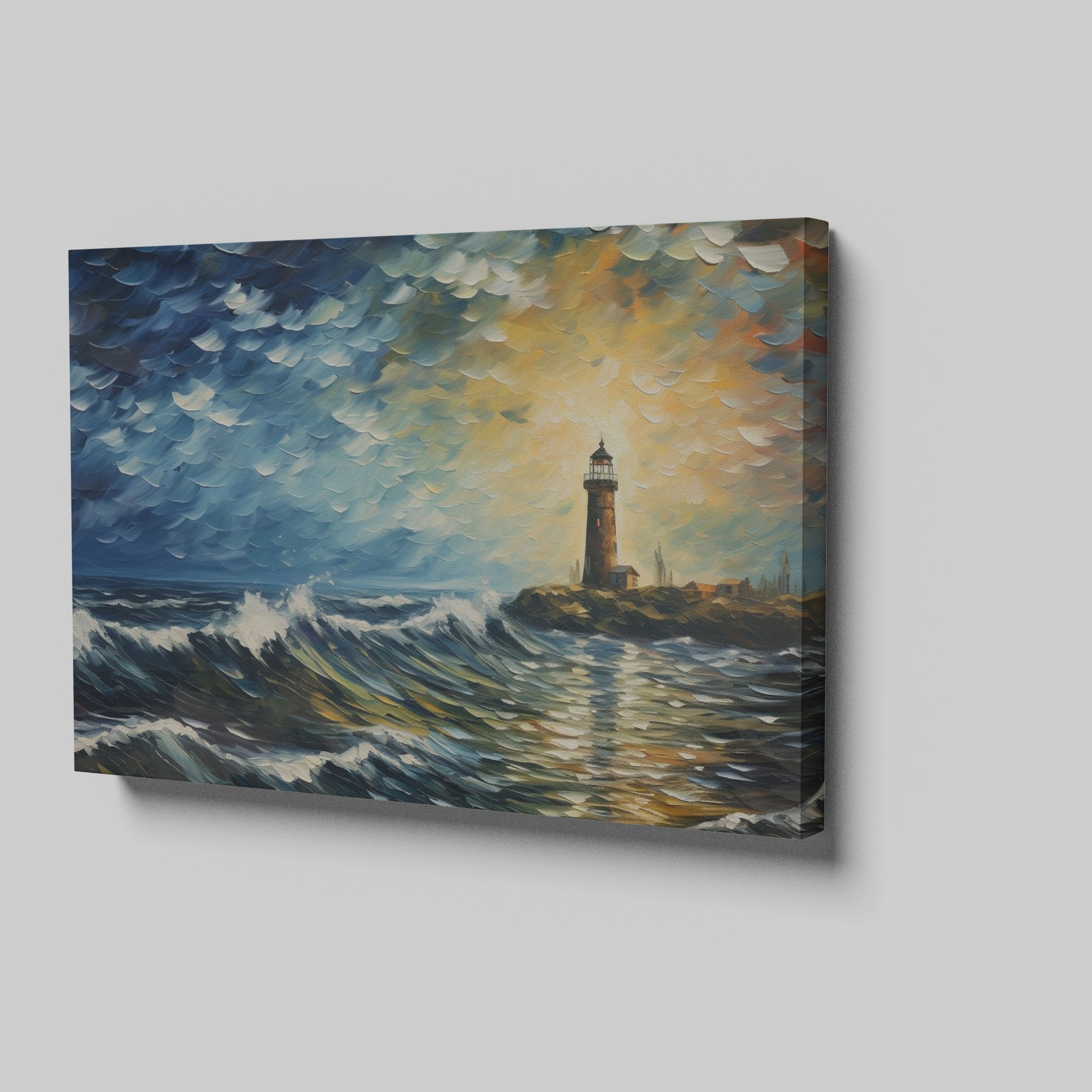 Framed canvas print of an impressionist lighthouse seascape at sunset with textured waves and a vivid sky