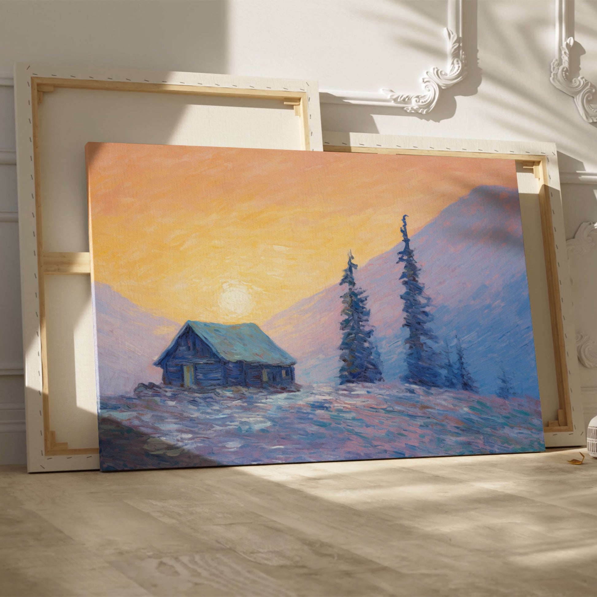 Framed canvas print of an impressionist painting with a mountain cabin at sunset