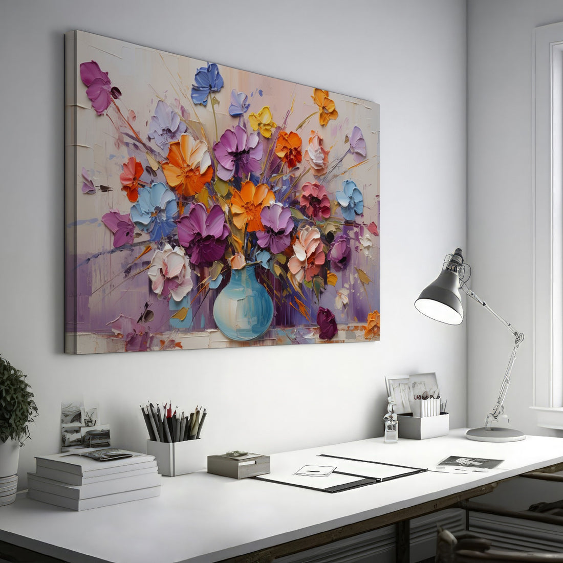 Framed canvas print of vibrant impasto bouquet in a vase with rich textures and colours