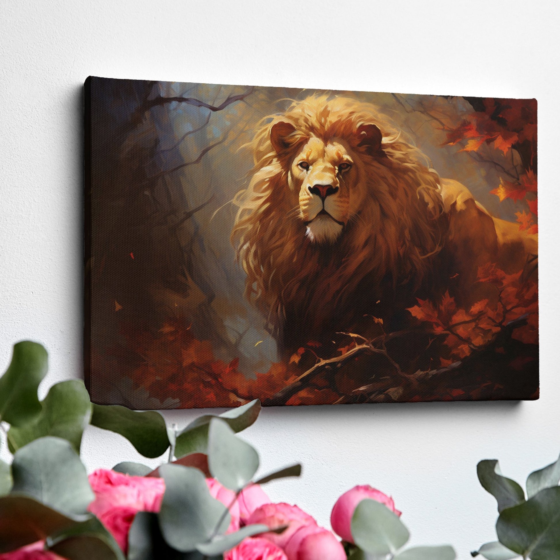 Framed canvas print of a majestic lion in an autumn forest with vibrant red and orange leaves