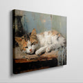 Framed canvas print of a peaceful sleeping cat in warm tones with painterly strokes