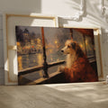 Framed canvas print of a dog looking out of a window at a city scene with warm, glowing lights