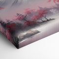 Framed canvas print of serene mountain landscape with pink cherry blossoms and mist