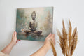 Framed canvas print of serene Buddha in meditation with pastel colours and cherry blossoms