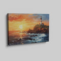 Framed canvas print of a sunset seascape with a lighthouse on a cliff