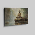 Framed canvas print of a serene Buddha statue in a Zen garden with waterfall