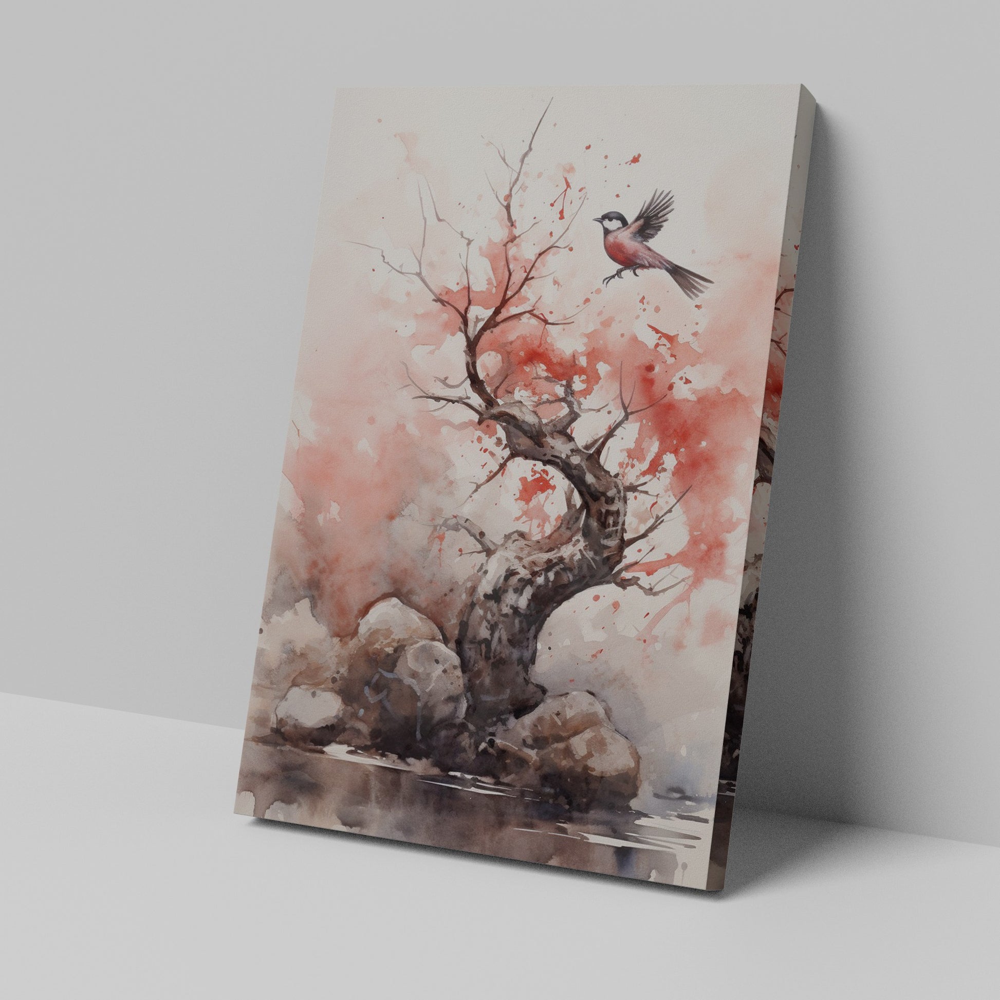 Watercolour painting of a bird in flight by a blossoming tree with red splashes and calm water reflections.