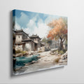 Framed canvas print of an impressionist style Oriental village scene with autumnal trees and traditional architecture