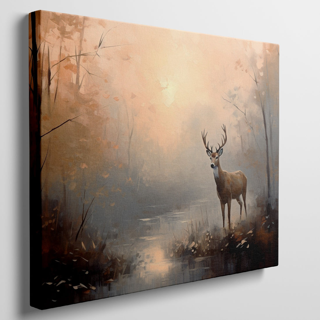 Digital painting of a majestic stag in a misty forest with a warm golden and brown palette