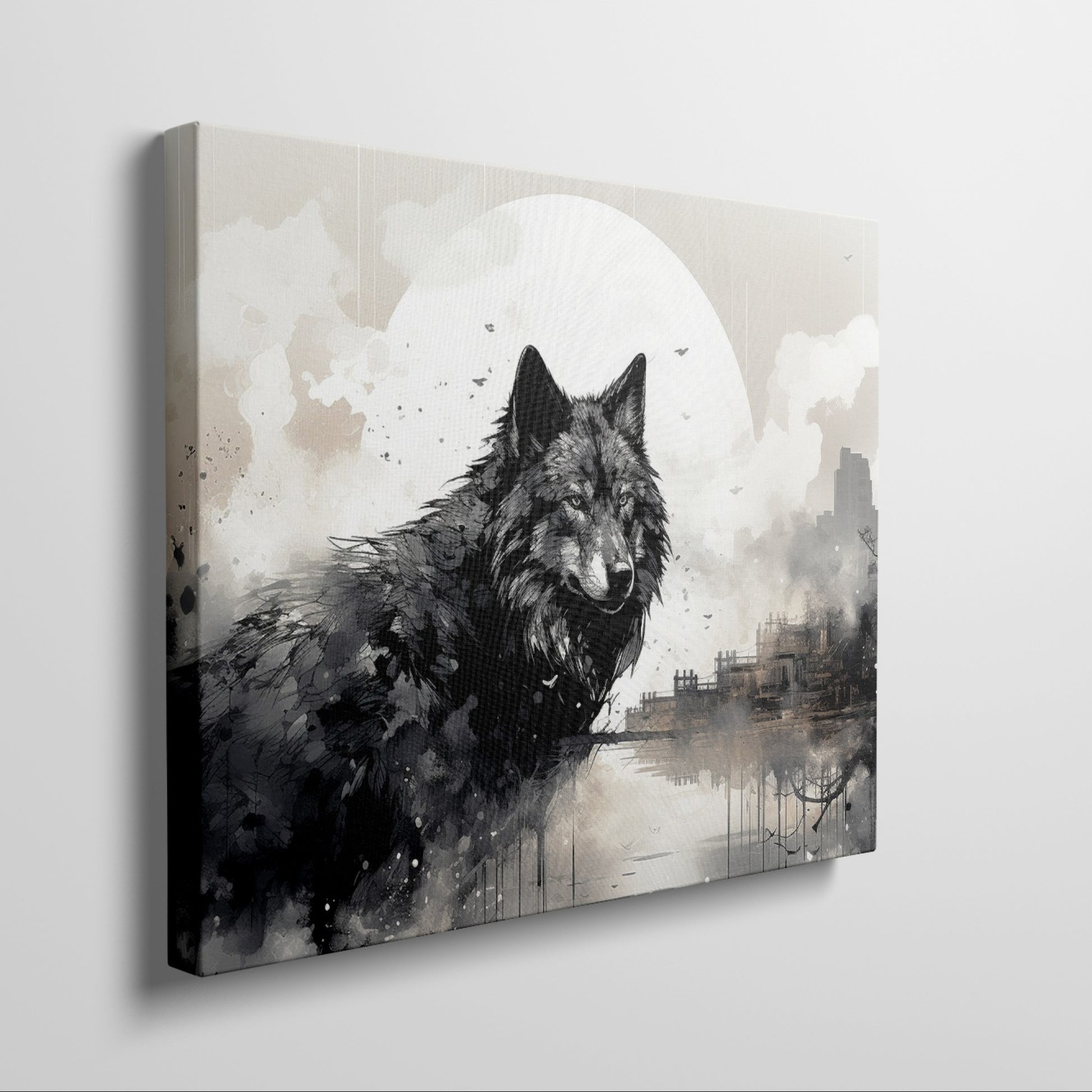 Framed canvas print of a black and white wolf against a monochrome cityscape with a full moon