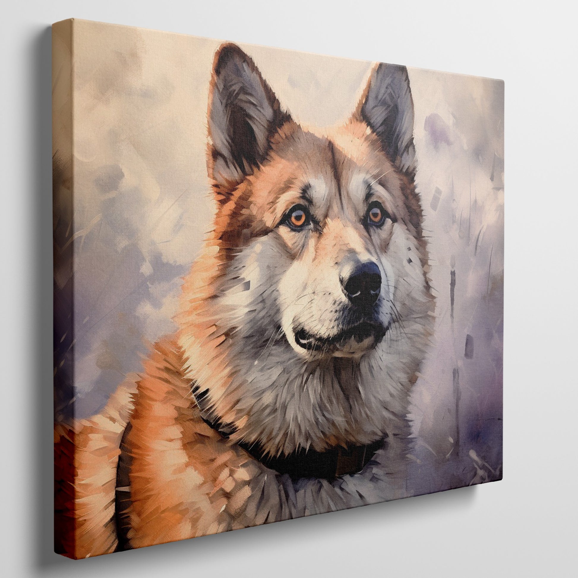 Framed canvas print of a detailed and textured digital painting of a majestic dog in warm colours