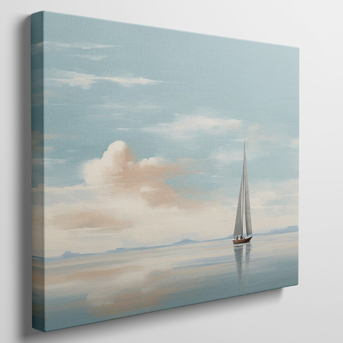 Framed canvas print of a sailboat on calm blue waters with beige clouds in the sky reflecting on the sea