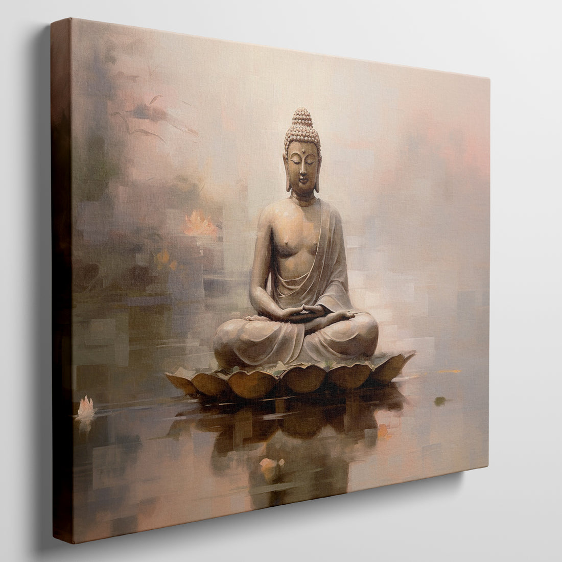 Framed canvas print of a serene Buddha in meditation with warm colour tones