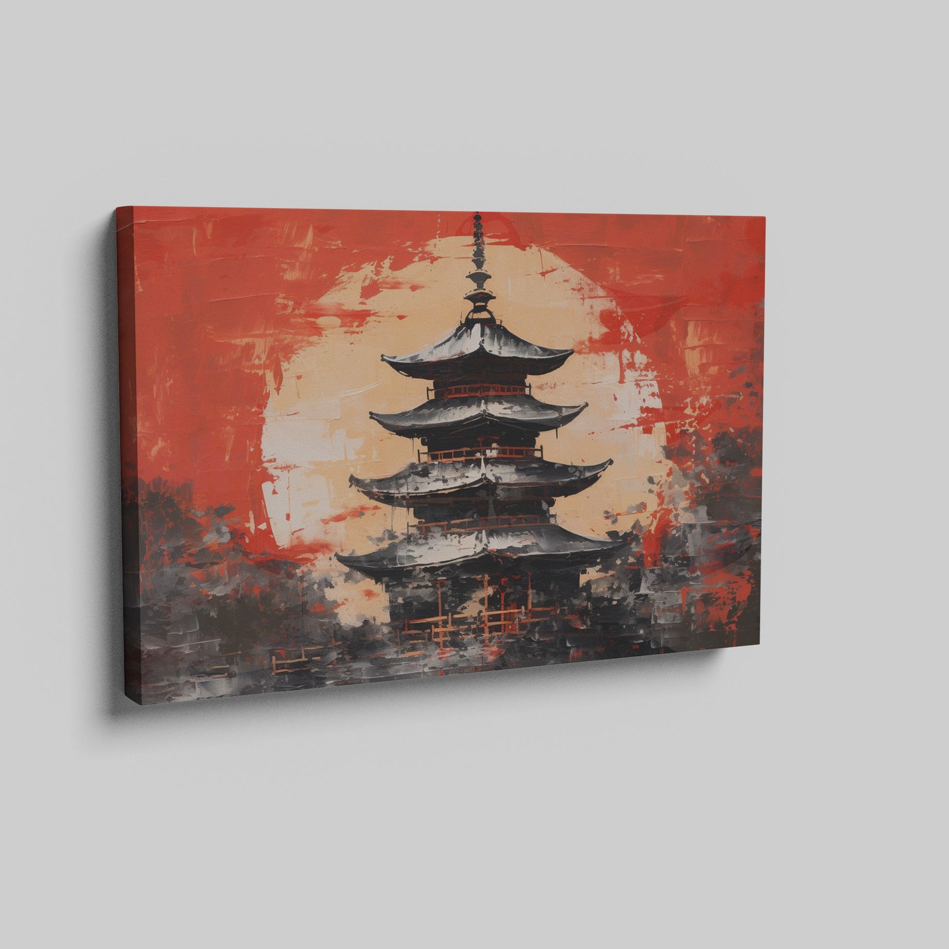 Framed canvas print of abstract Japanese pagoda in bold red and black colours