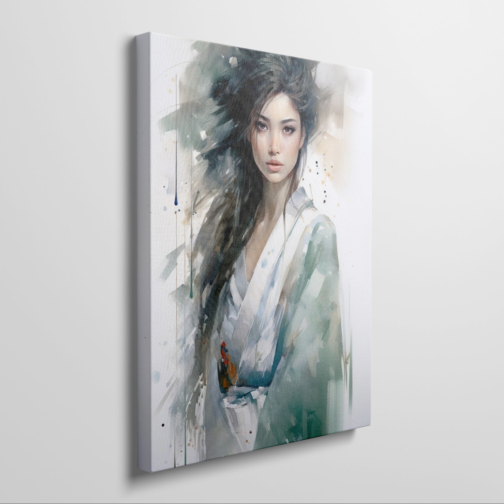 Framed canvas print of an ethereal watercolour portrait of a graceful lady with abstract elements