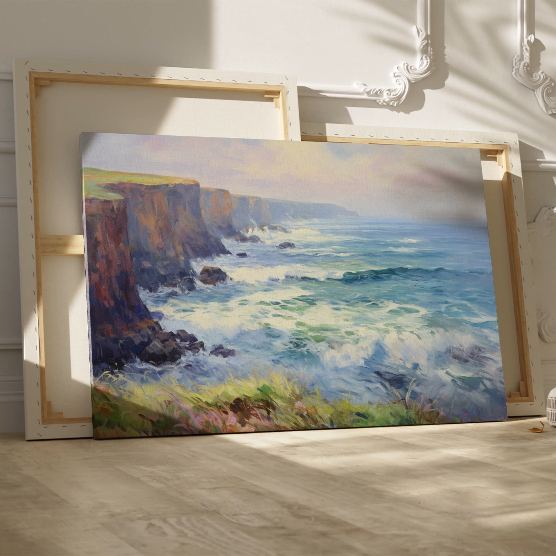 Framed canvas print of a vibrant impressionist seascape with cliffs and ocean waves