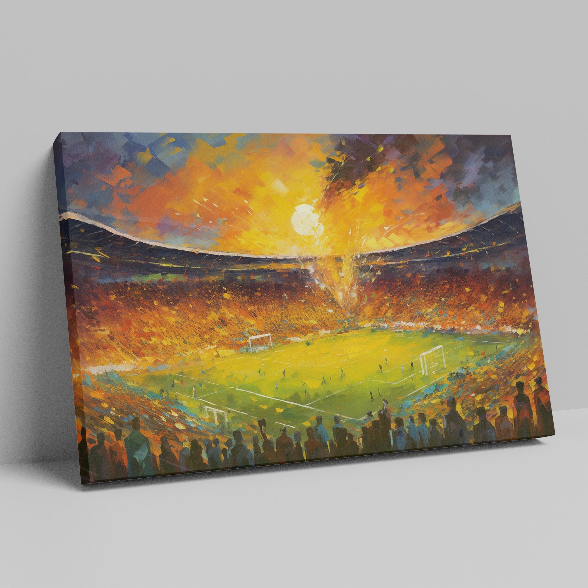 Framed canvas print of an impressionistic painting capturing a vibrant football match in a stadium at sunset