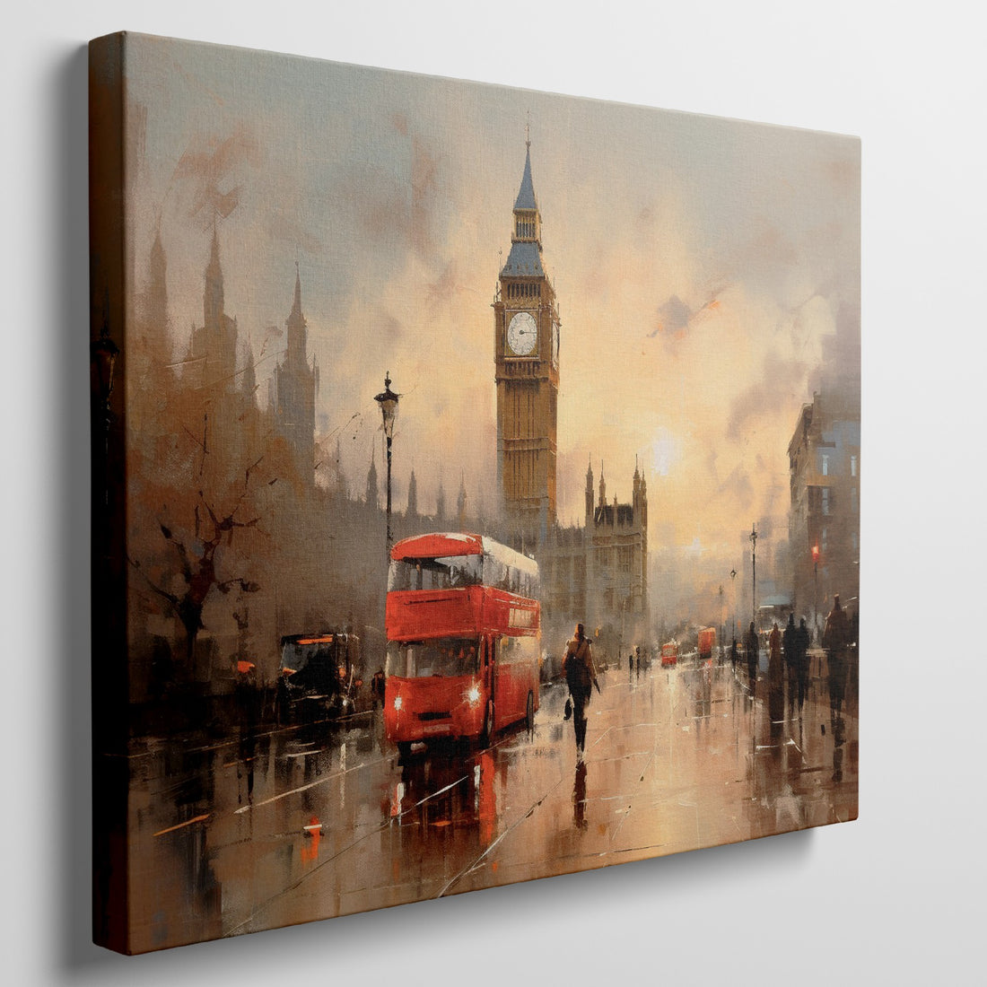 Framed canvas print of an impressionistic London cityscape featuring Big Ben and a red double-decker bus at sunset