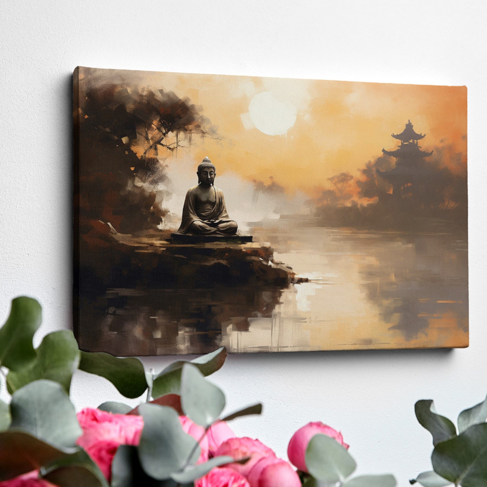 Framed canvas print of a serene Buddha statue at sunset with oriental temple and reflective water