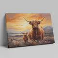 Framed canvas print of a Highland Cow and Calf against a vivid sunset landscape