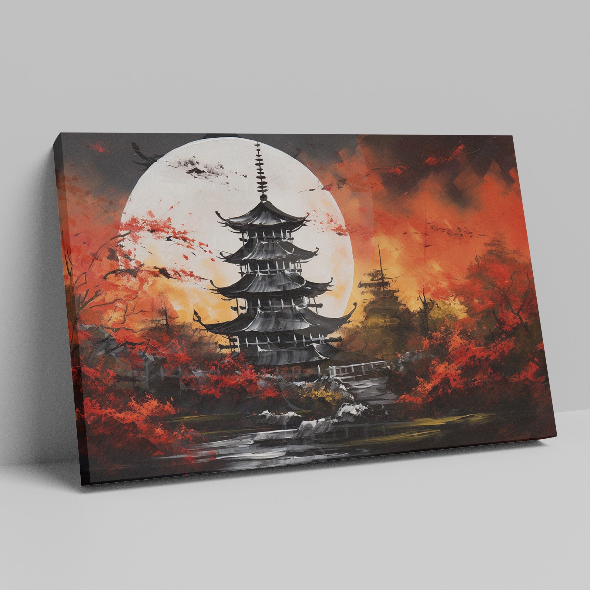 Framed canvas print of a traditional Asian pagoda under a full moon with vibrant autumn red and black colours