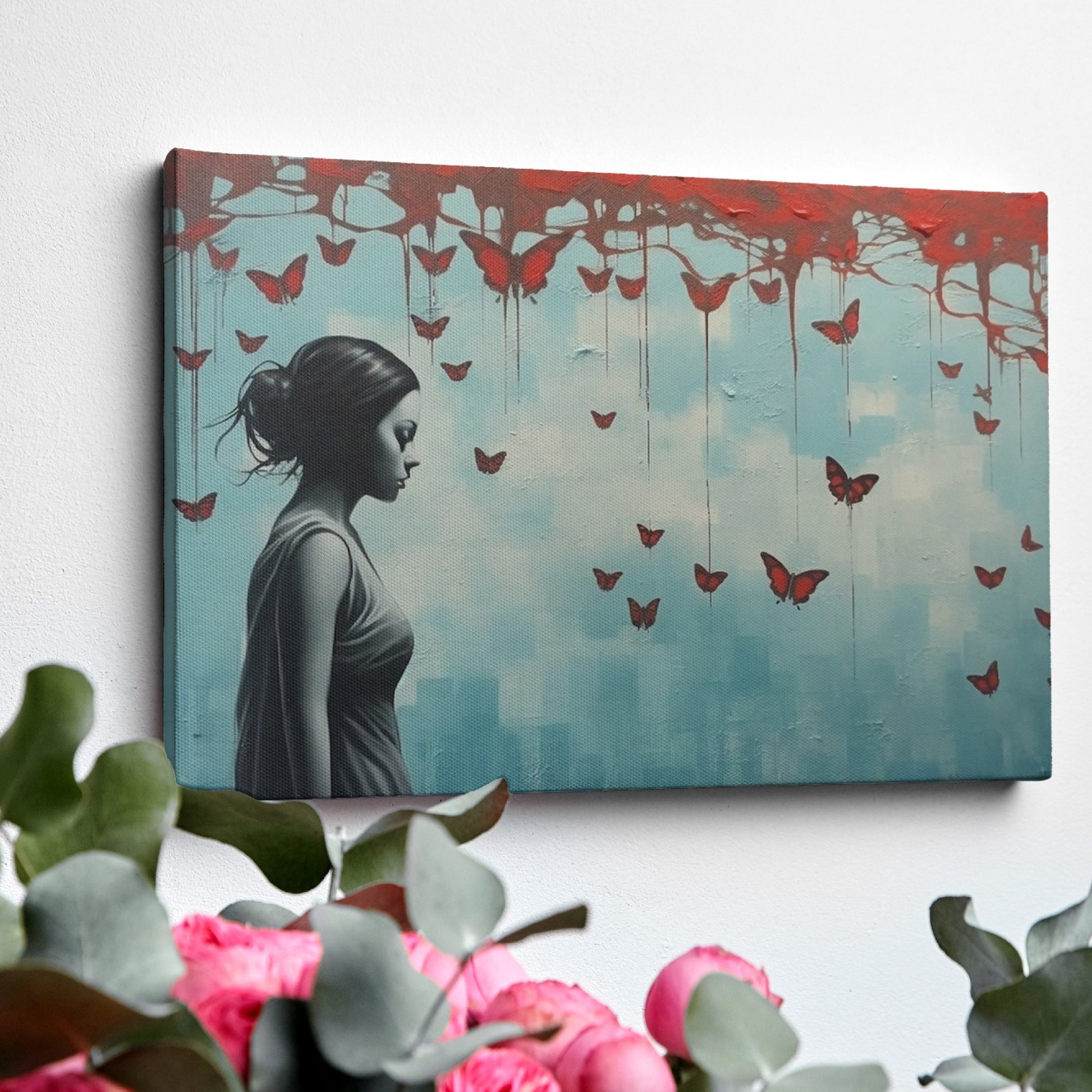 Framed canvas print of a female silhouette with red butterflies against an urban backdrop