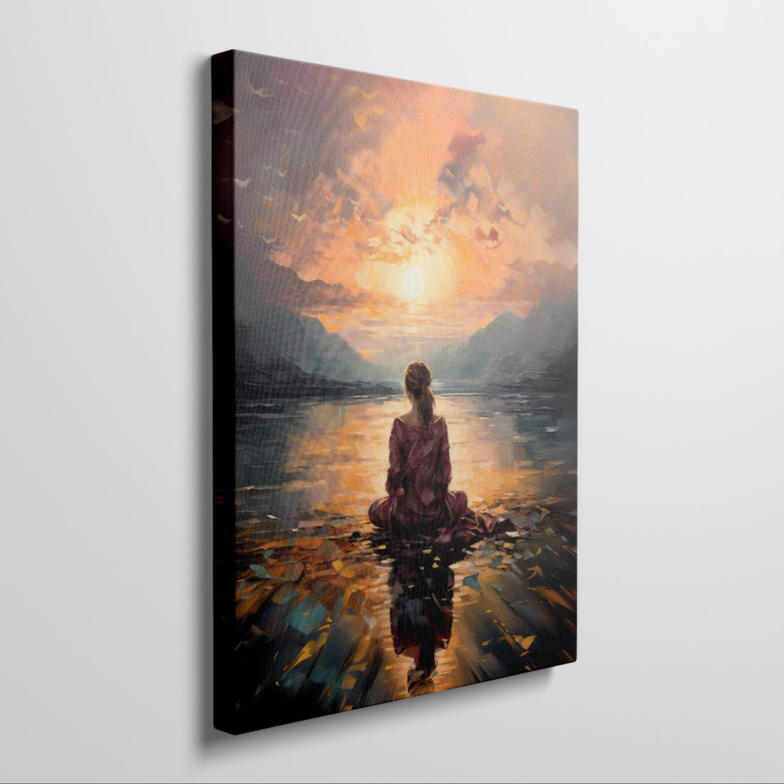 Framed canvas print of a contemplative figure at lakeside during sunset, with vivid warm colours and impressionist style