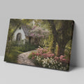 Framed canvas print of a picturesque cottage surrounded by blooming garden and shaded by trees