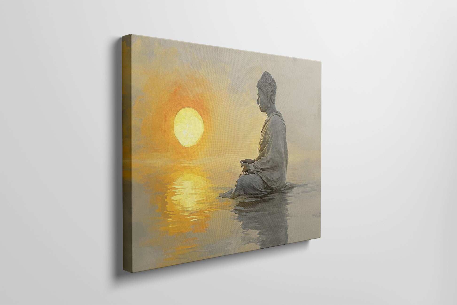 Framed canvas print of a meditative figure with the sun setting over water, reflecting golden tones