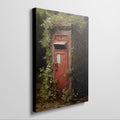 Framed canvas print of a vintage British red postbox entwined with green foliage in a forest