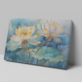 Framed canvas print of tranquil watercolor lotus flowers with pastel hues on a serene blue background