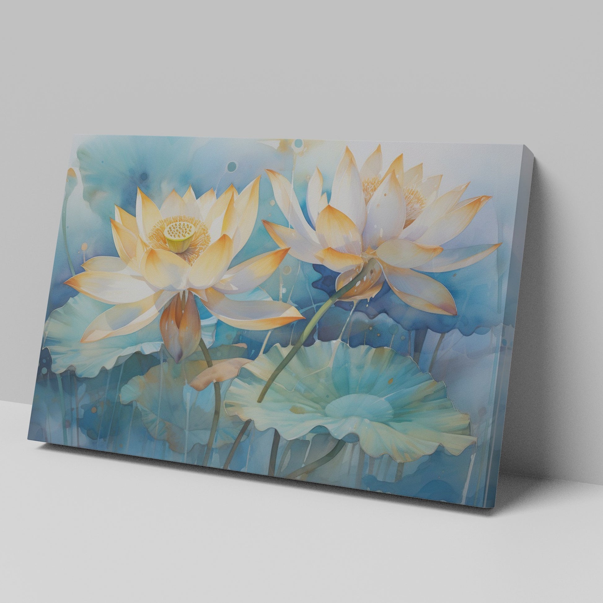 Framed canvas print of tranquil watercolor lotus flowers with pastel hues on a serene blue background