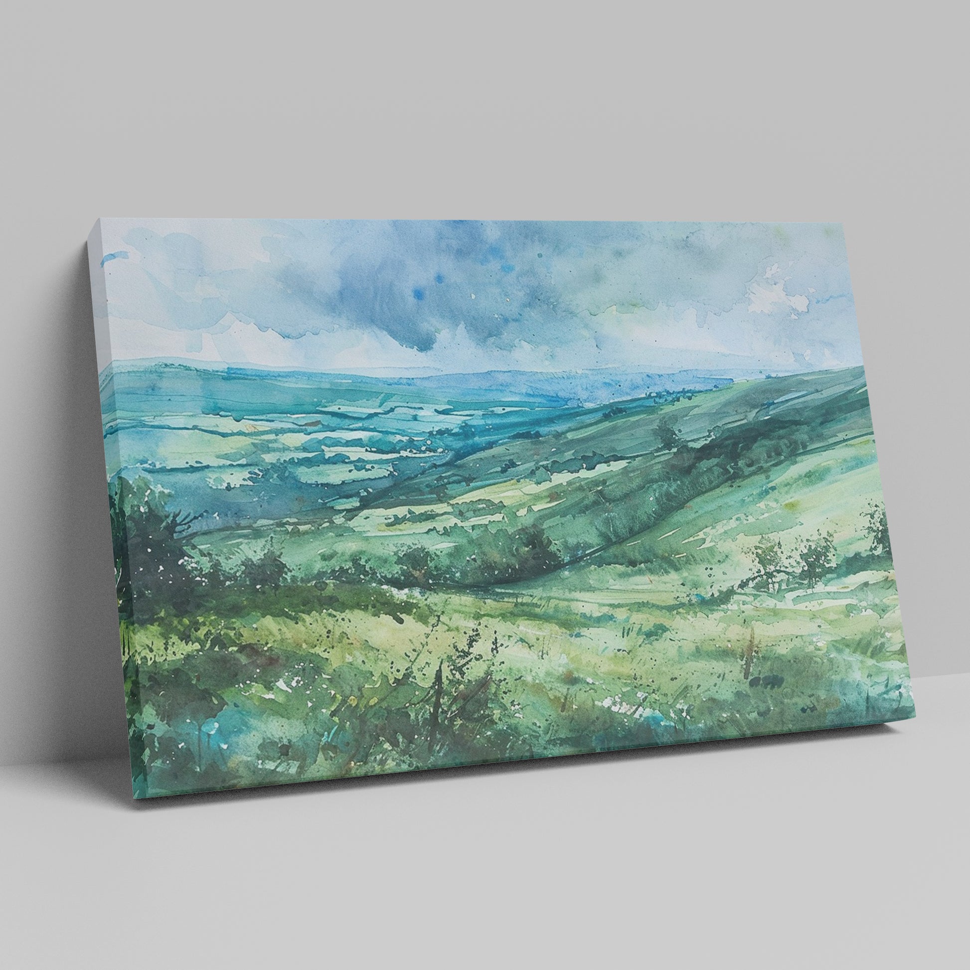 Framed canvas print of a watercolour countryside landscape with green rolling hills and vibrant skies