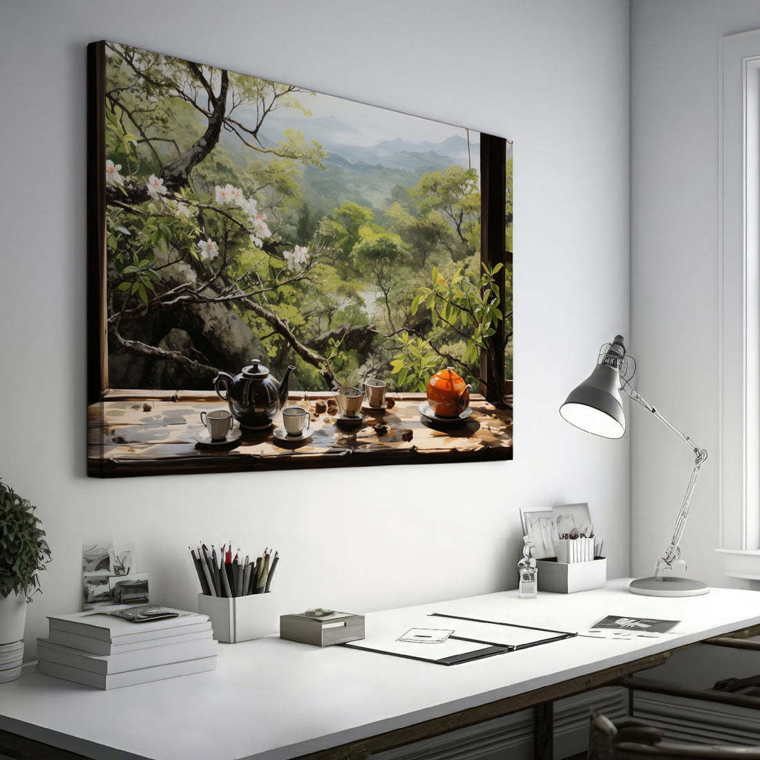 Framed canvas print of a serene Japanese tea garden view with cherry blossoms and mountains