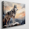 Framed canvas print of a majestic wolf overlooking a forest landscape at sunset