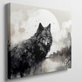 Framed canvas print of a black and white wolf against a monochrome cityscape with a full moon