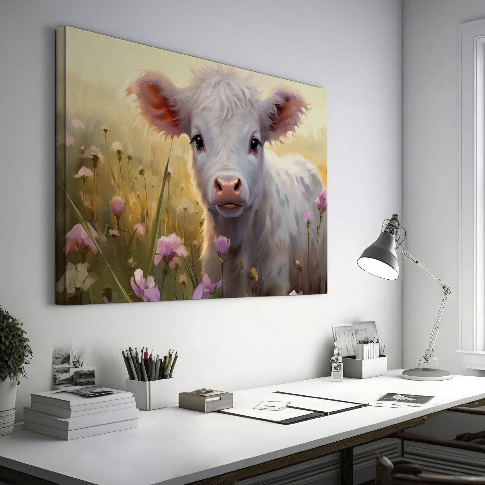 Framed canvas print of a realistic calf in a meadow with pink and yellow flowers