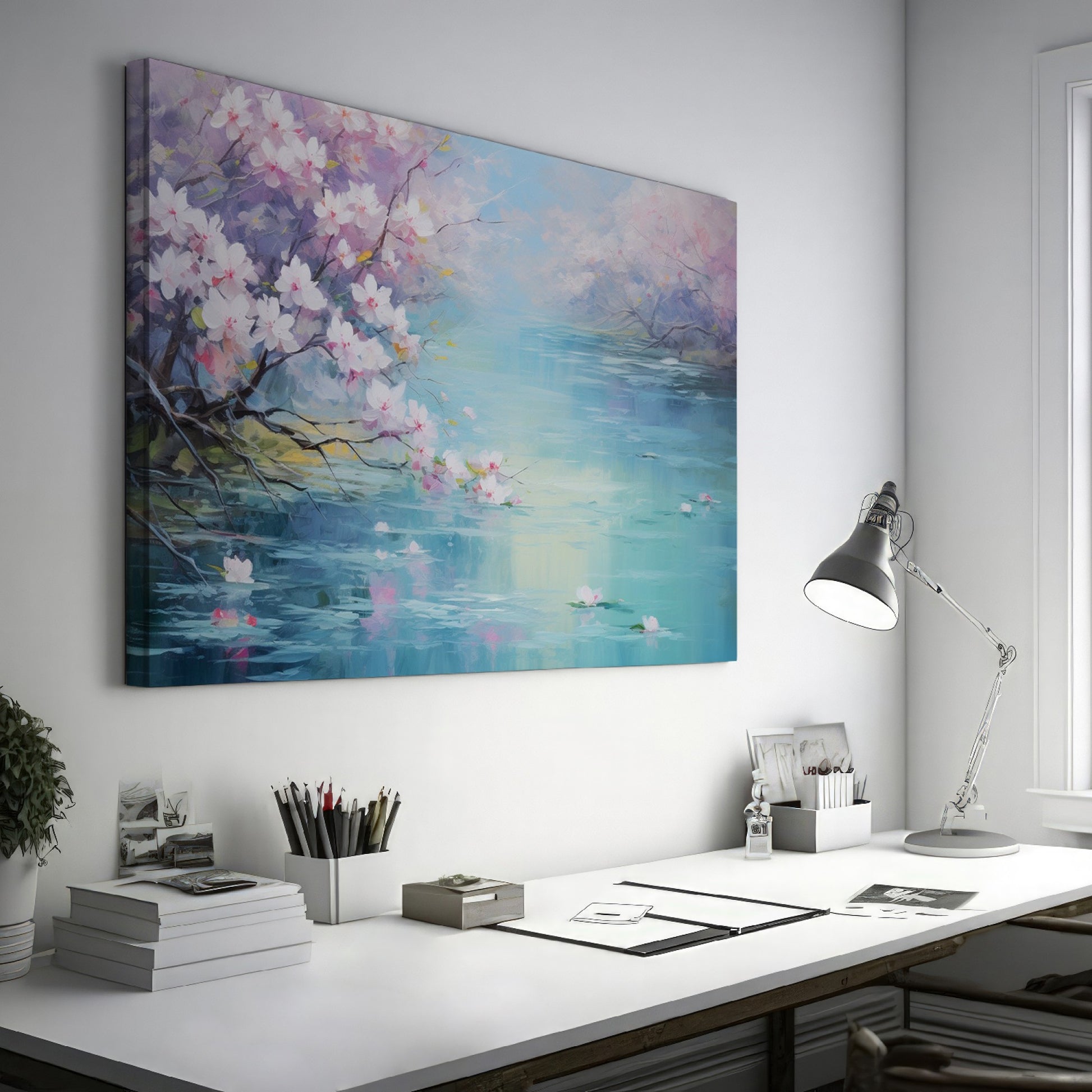 Framed canvas print of a serene landscape with cherry blossoms over tranquil waters