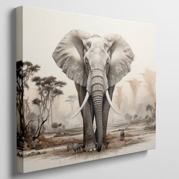 Framed canvas print of a realistic African elephant in a savannah landscape with acacia trees and soft beige tones