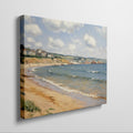 Framed canvas print of Impressionist seascape featuring a sunlit British coastline with blue waters and sandy beach