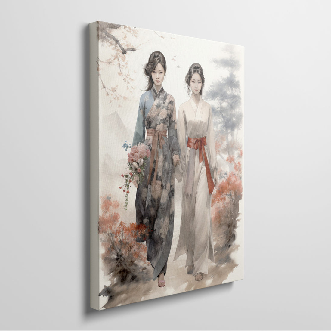 Digital painting of two women in traditional kimonos with cherry blossoms