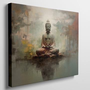 Framed canvas print of a serene Buddha in meditation with an abstract, earth-toned backdrop and reflective water