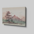 Framed canvas print of a tranquil mountain landscape with pastel colours and cherry blossoms