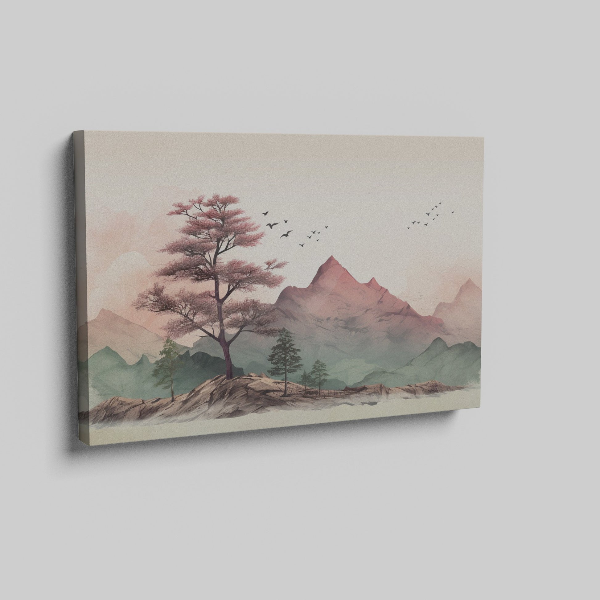 Framed canvas print of a tranquil mountain landscape with pastel colours and cherry blossoms