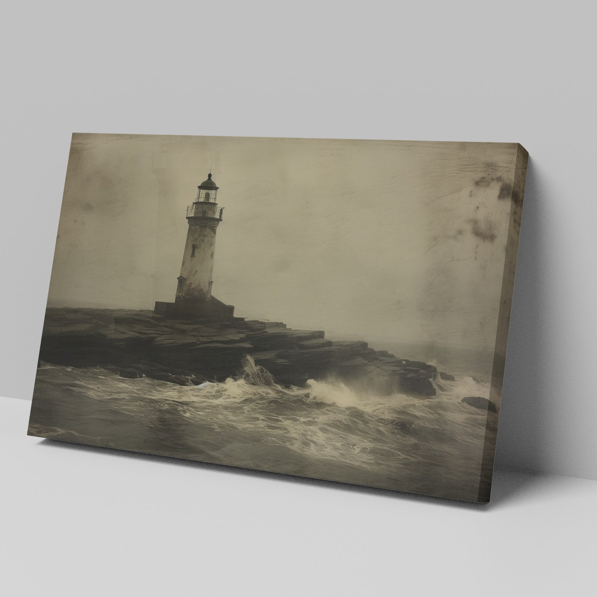 Framed canvas print of a vintage-style lighthouse on a stormy shore in sepia tones