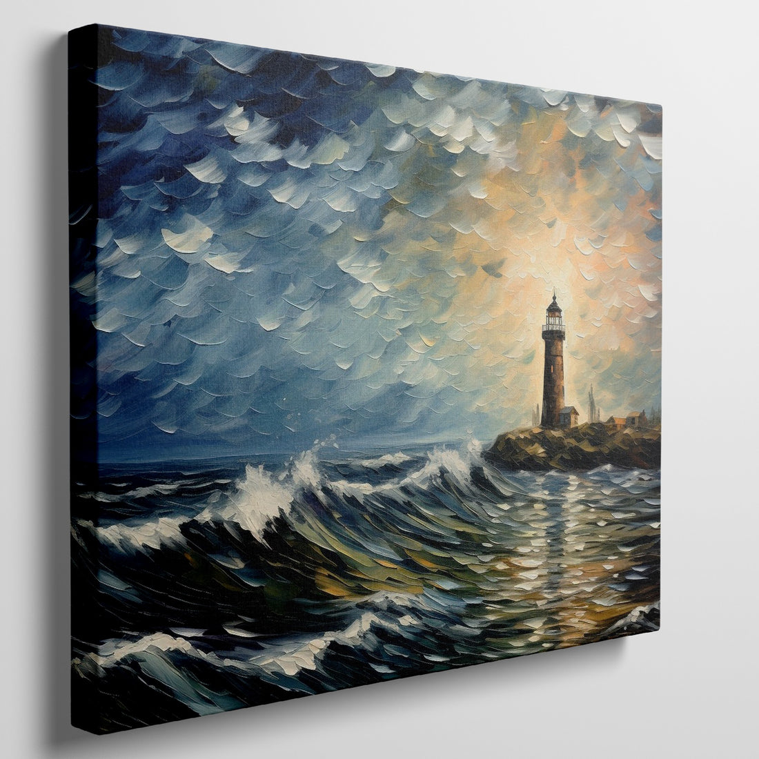 Framed canvas print of an impressionist lighthouse seascape at sunset with textured waves and a vivid sky