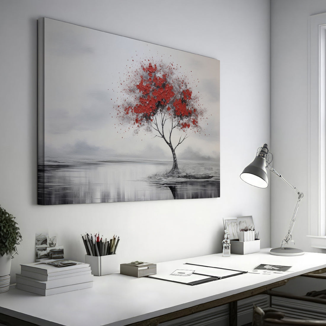 Canvas art featuring a solitary tree with red leaves against a soft gray and white background, reflecting in water below.
