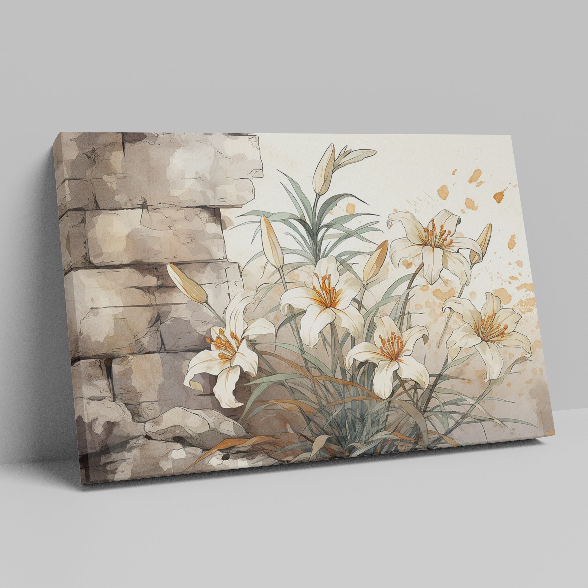 Framed canvas print of elegant white lilies with a rustic textured background in warm earthy tones