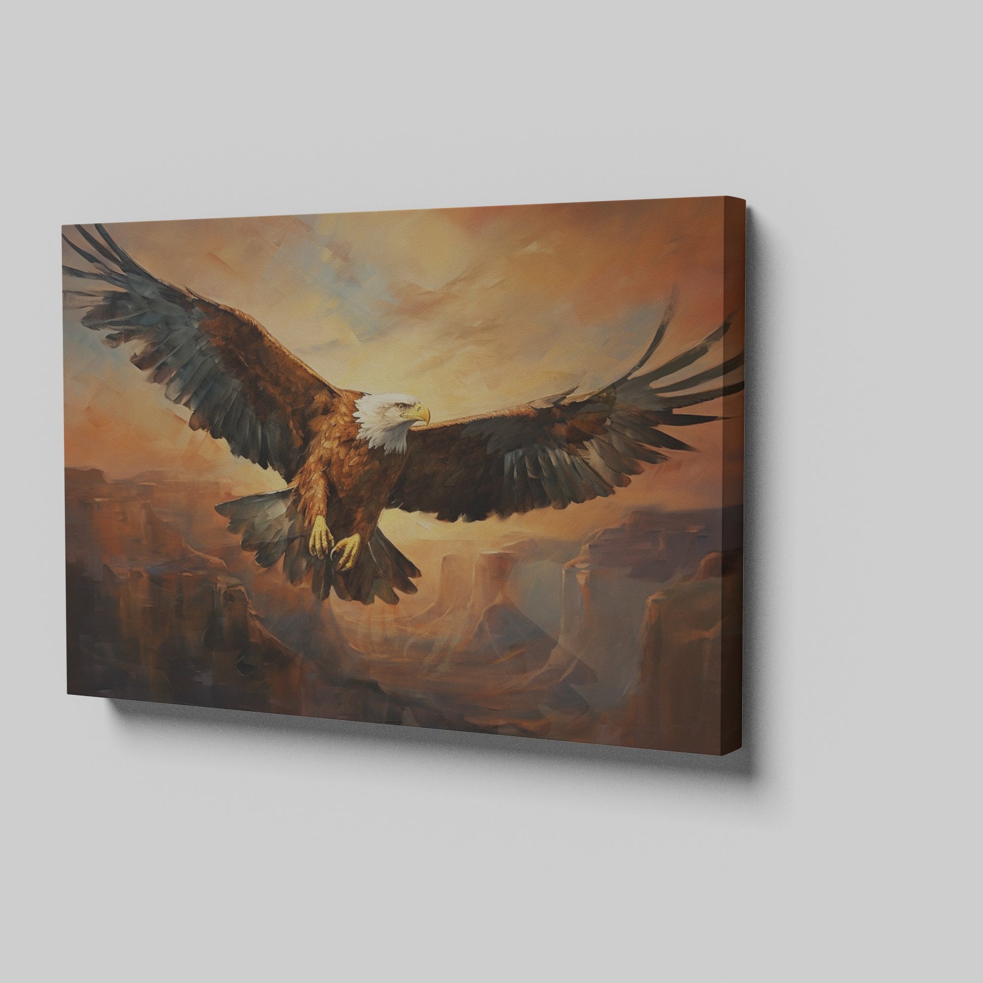 Framed canvas print of a majestic eagle flying over a canyon at sunset with warm golden and orange tones