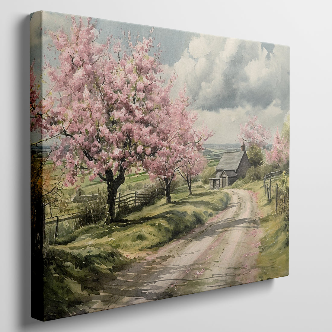 Framed canvas print of a picturesque countryside with cherry blossoms and a farmhouse